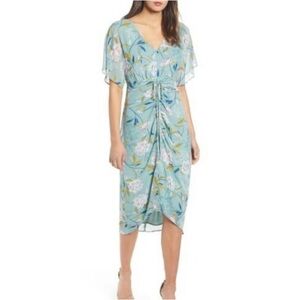 NWT Leith teal fair sketch floral ruched dress midi